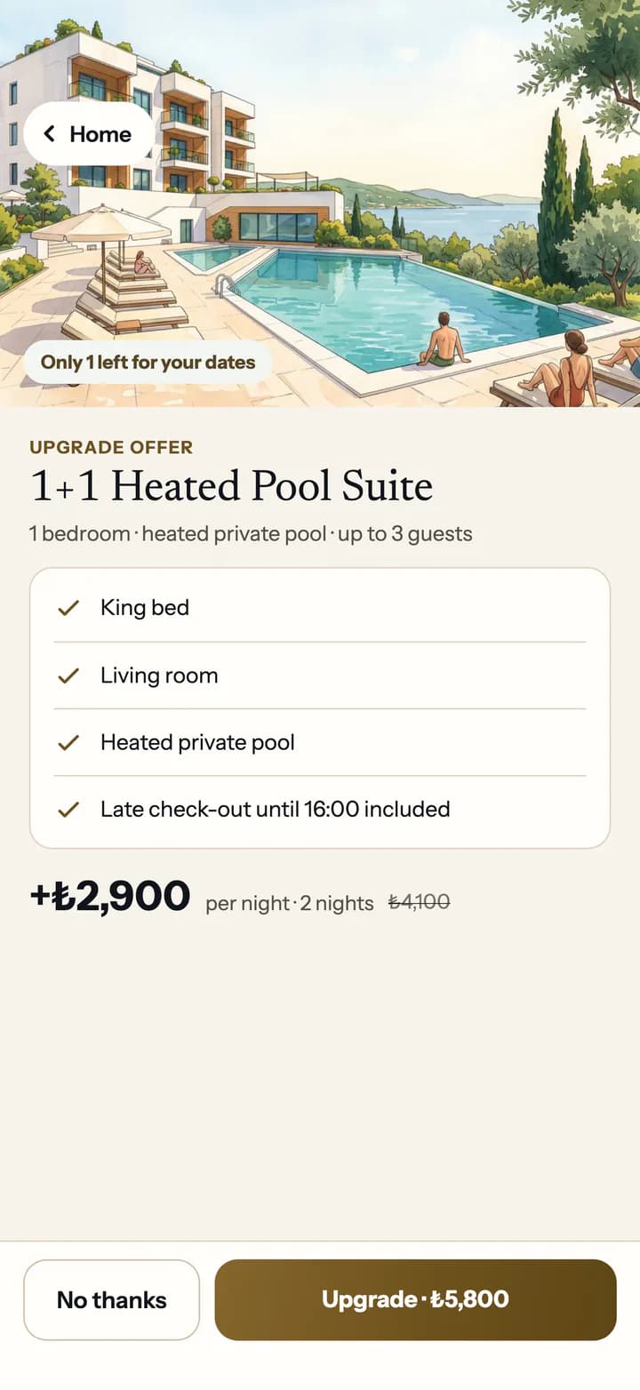 Guest app upgrade offer to a suite with a heated private pool, priced per night.