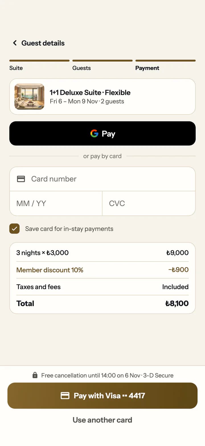 Guest app payment: Google Pay or card, member discount applied, 3-D Secure, saved card for in-stay payments.