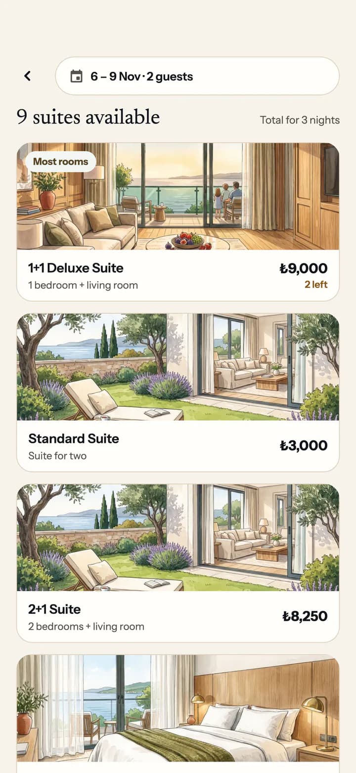 Guest app booking: nine suites available for the chosen dates, each with its live price.