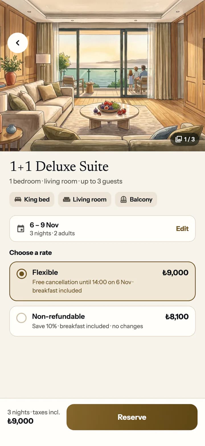 Guest app suite page: photos, features, dates and a choice between a flexible and a non-refundable rate.