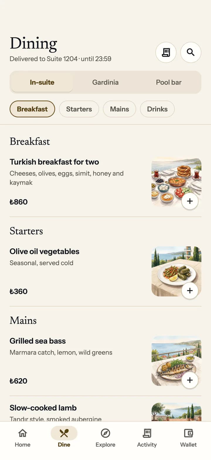 Guest app dining menu with in-suite, restaurant and pool bar tabs and dishes with prices.